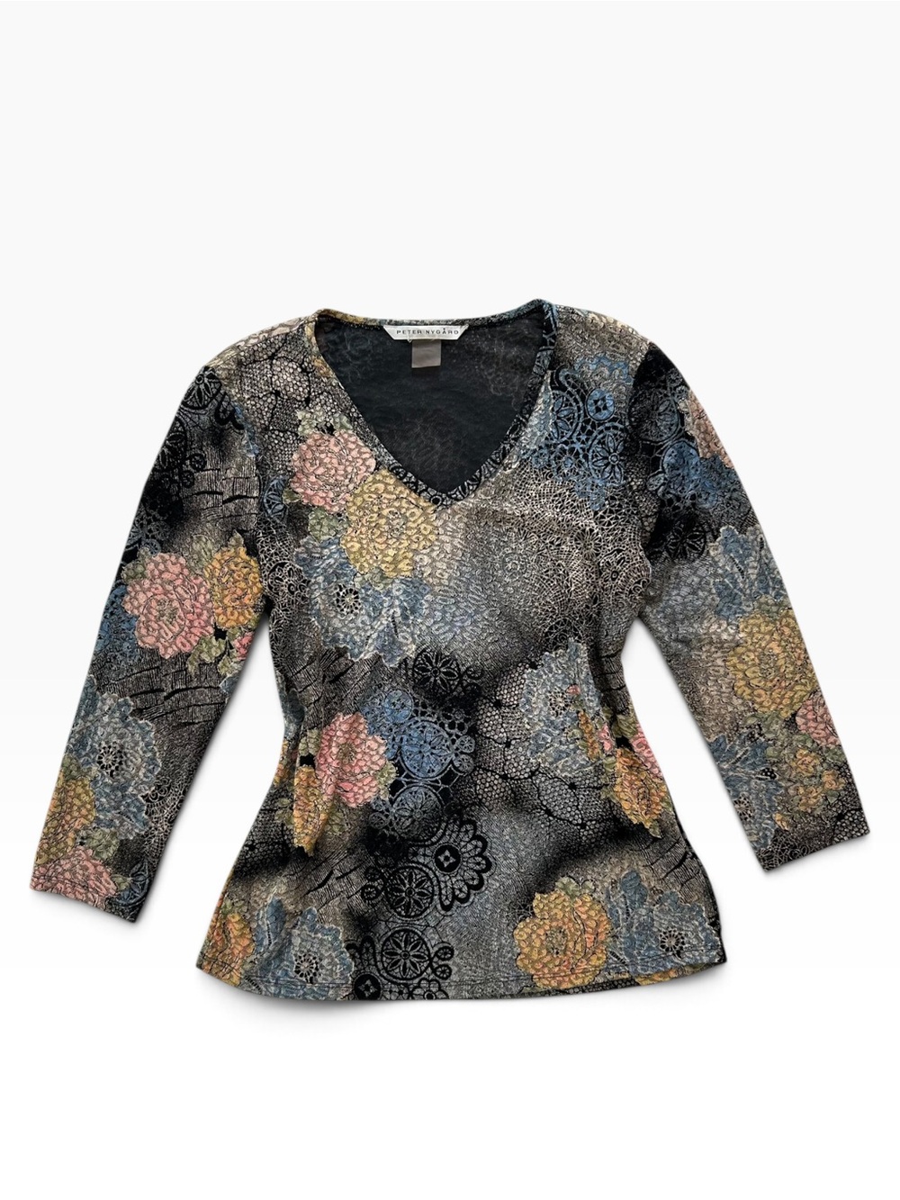 Whimsygoth Floral Paisley Y2K Black V-Neck Long Sleeve Fitted Top